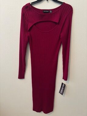 Nina Leonard Women's Ribbed Cutout Long Sleeve Sweater Dress, Sangria - Size L